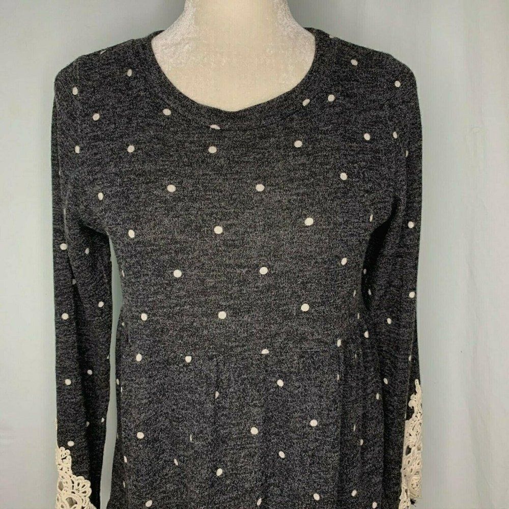 Emberley Sweater Dress M Heathered Black Polka Dot Crochet Lace Sleeves Tiered